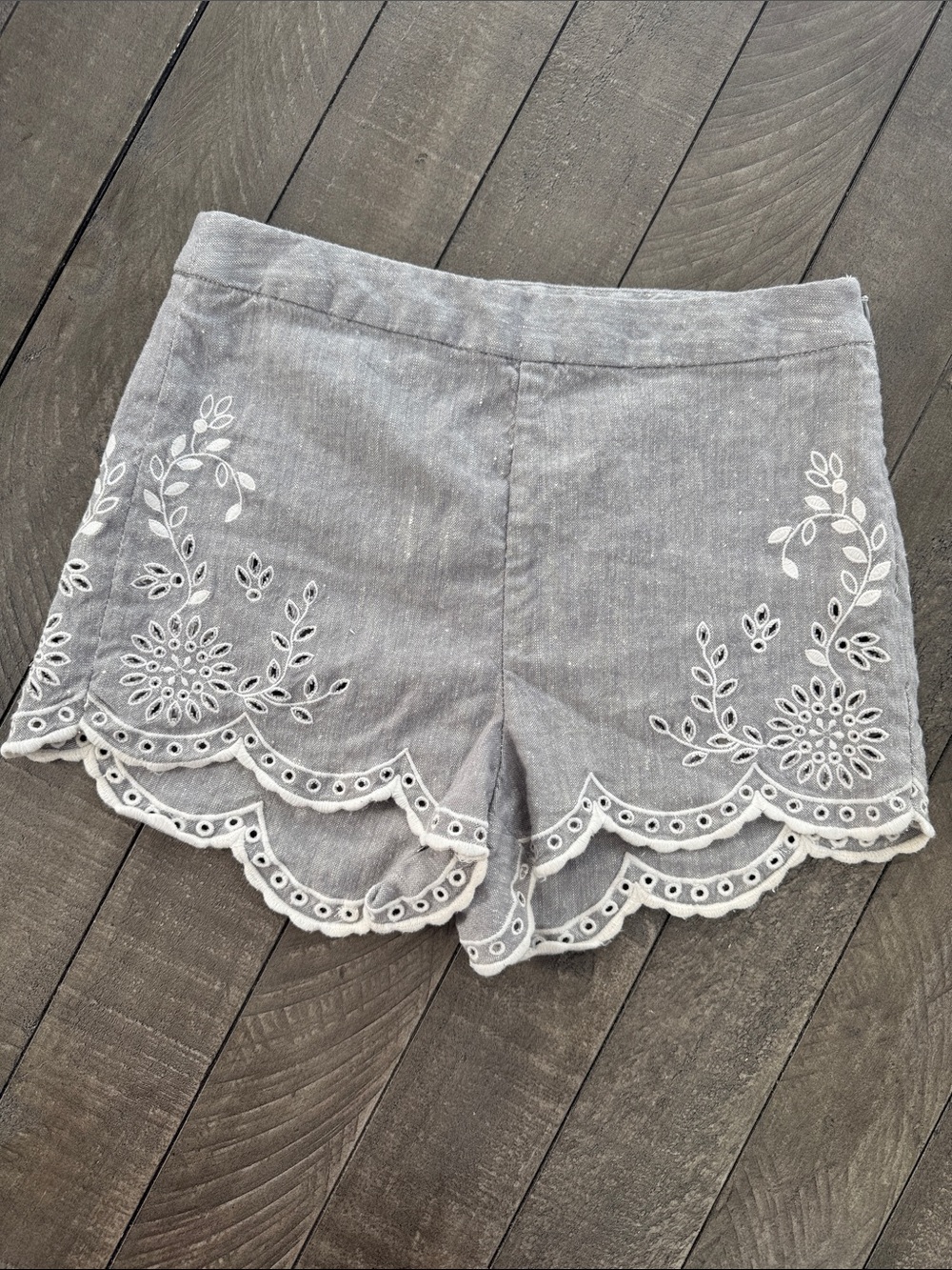 Free People Gray Embroidered Scallop Hem High Waist Shorts